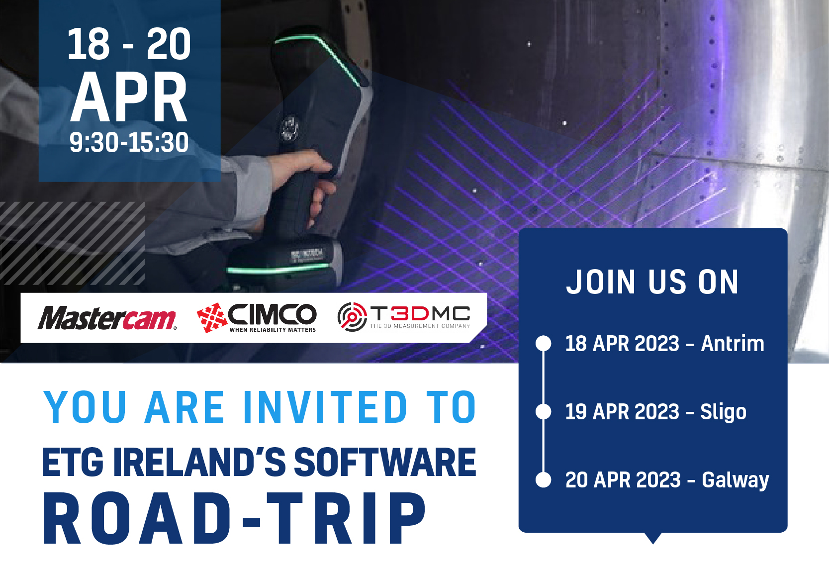 An image showing an event invitation about ETG Ireland's Software Road Trip during 18-20 April across Antrim, Sligo and Galway.